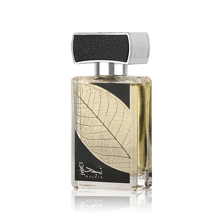 Gouden bladpatroon Lattafa Parfum Najdia zwarte zilveren fles