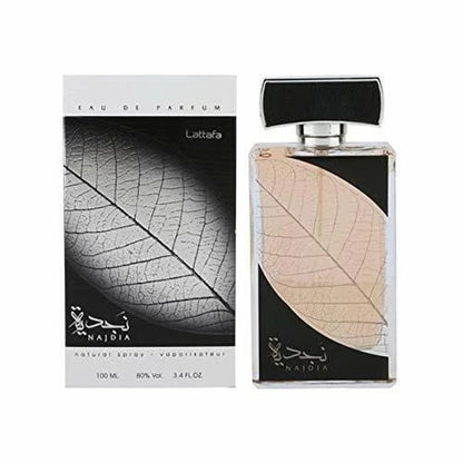 Lattafa Parfum Najdia zwarte zilveren fles met bladpatroon