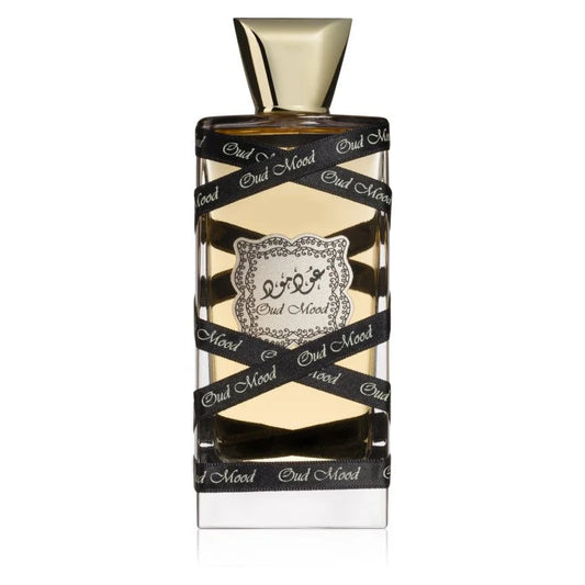 Gouden dop parfum Oud Mood Classic flesje met zwart Oud Mood lint - Lattafa Parfum Oud
