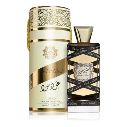 Elegante Lattafa Parfum Oud Oud Mood Classic set met cilindrische doos en bijpassende fles