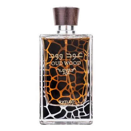 Lattafa Parfum Oud houtparfumfles met girafprint en houten dop