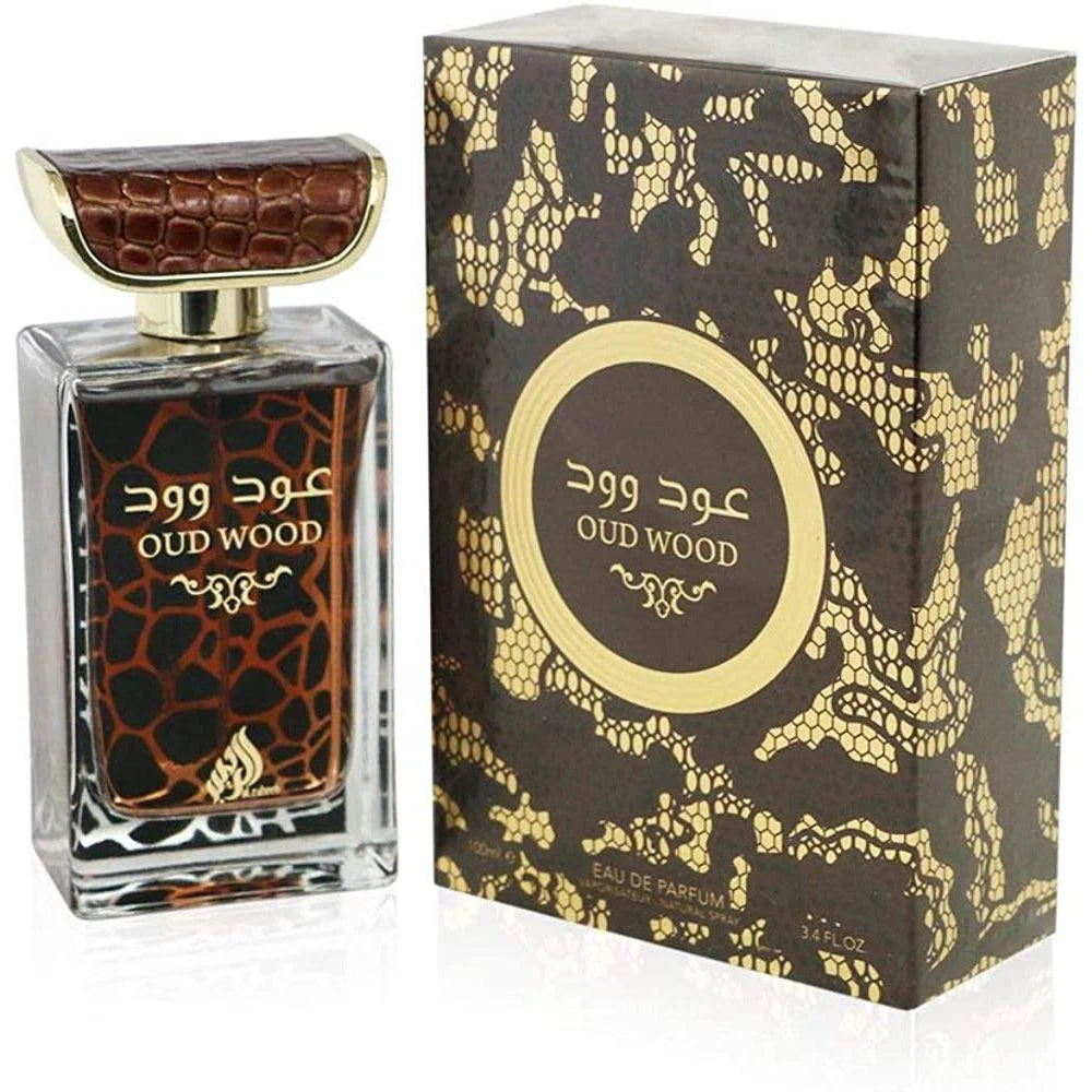 Lattafa Parfum Oud houtparfumfles met girafprint en houten dop