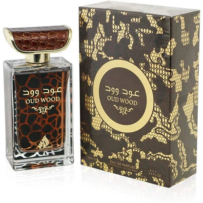 Lattafa Parfum Oud houtparfumfles met girafprint en houten dop