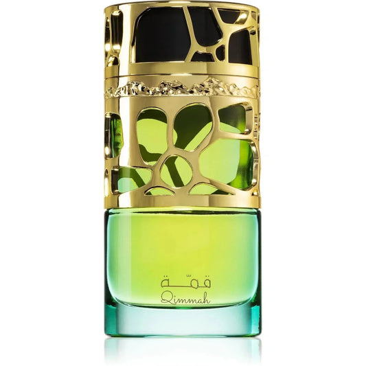 Groene en gouden parfumflesje met sierlijk gesneden top van Lattafa Parfums Qimmah Women
