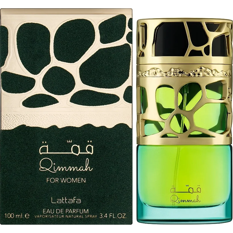 Lattafa Parfums Qimmah Vrouwen Parfumflesje met gouden details en bijpassende doos
