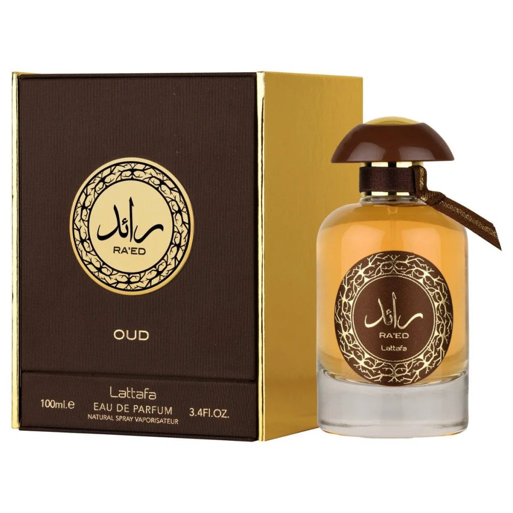 Lattafa Parfum Raed oud in bruin-gouden fles met ronde dop
