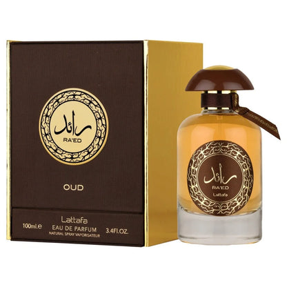 Lattafa Parfum Raed oud in bruin-gouden fles met ronde dop