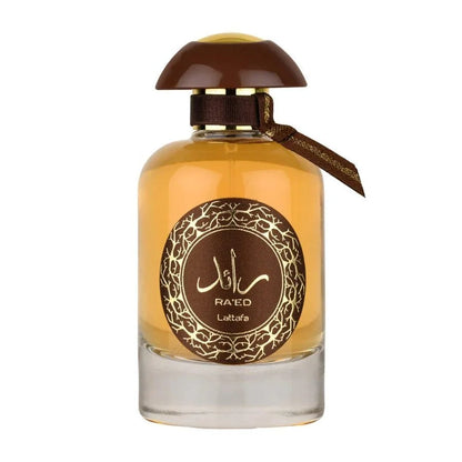 Gouden Lattafa Parfum Raed amber fles met Arabisch schrift en bruine dop