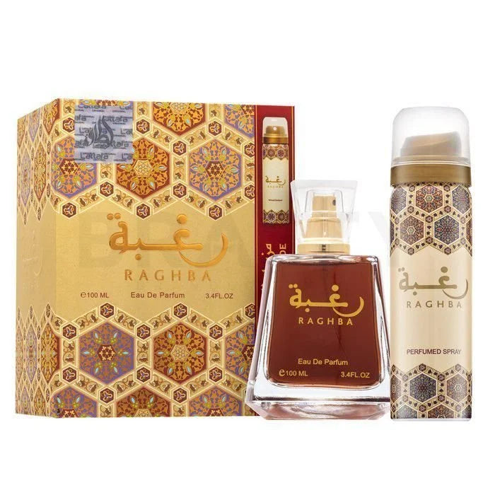 Lattafa Parfum Raghba Eau de Parfum 100ml met gouden dop en geometrisch patroon