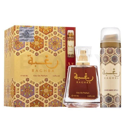 Lattafa Parfum Raghba Eau de Parfum 100ml met gouden dop en geometrisch patroon