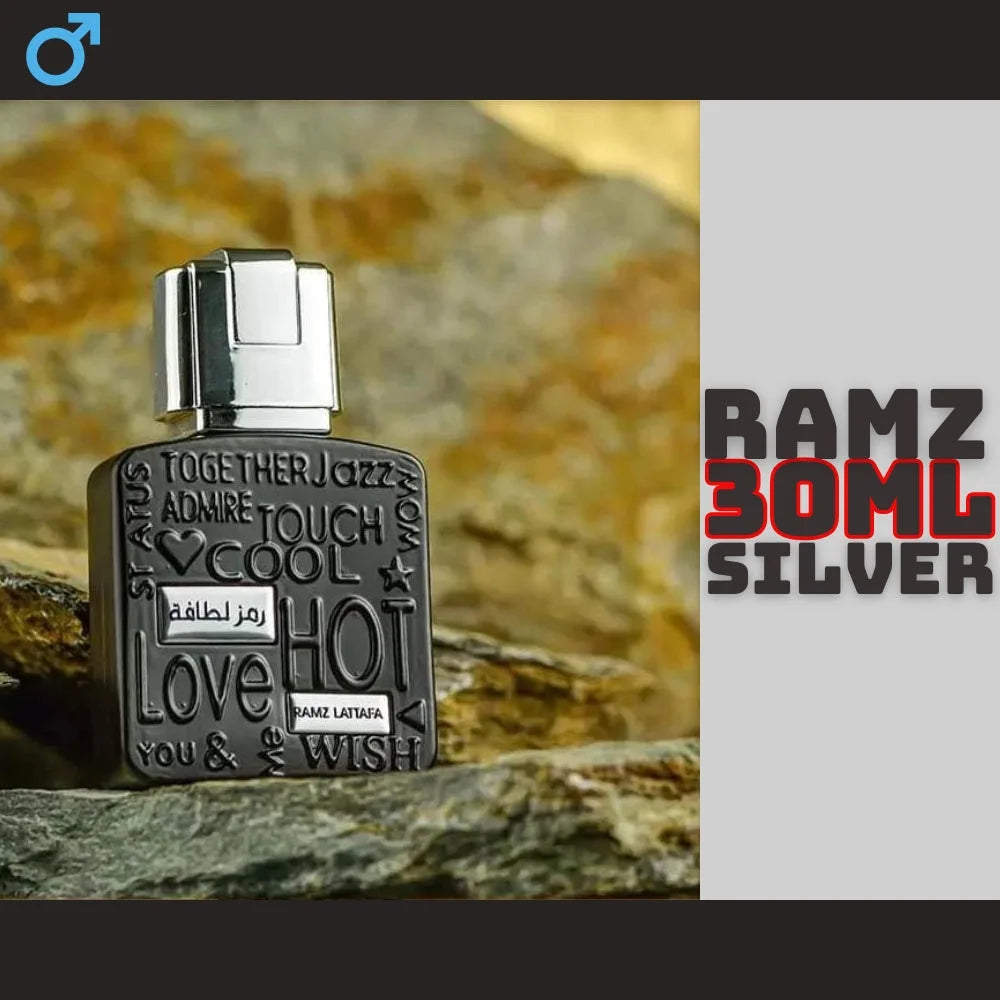 Zilveren rechthoekige 30ml fles met zwarte label voor Lattafa Parfum Ramz Silver