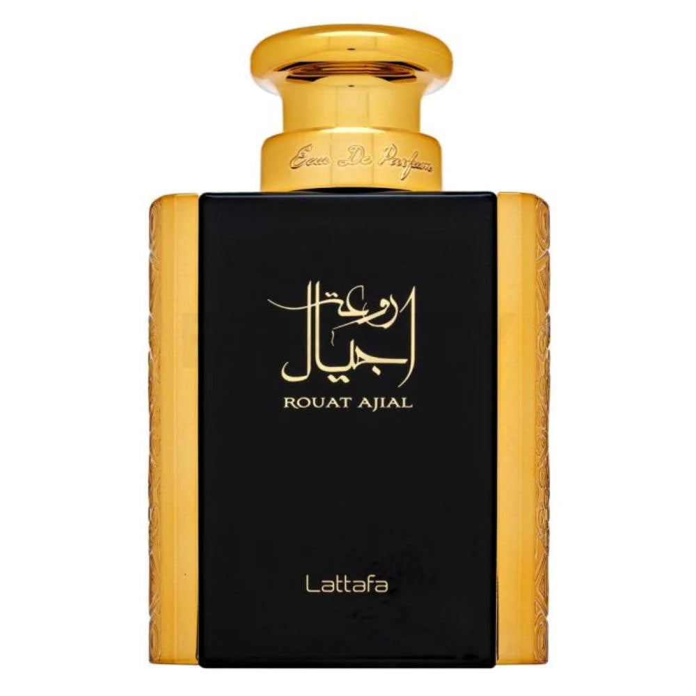Zwarte en gouden Lattafa Parfum Rouat Ajial fles met Arabisch schrift