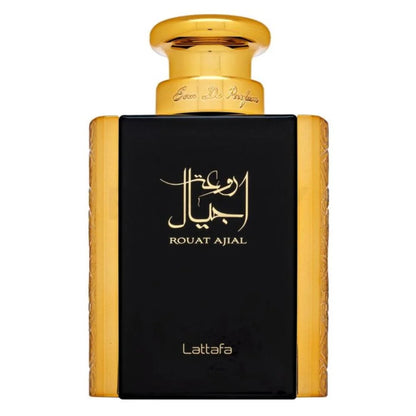 Zwarte en gouden Lattafa Parfum Rouat Ajial fles met Arabisch schrift