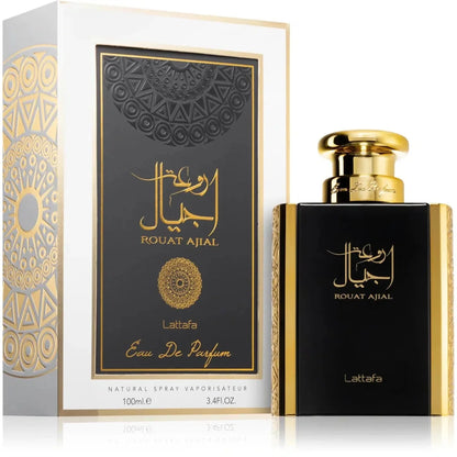 Zwarte en gouden Lattafa parfum Rouat Ajial fles met Arabisch schrift