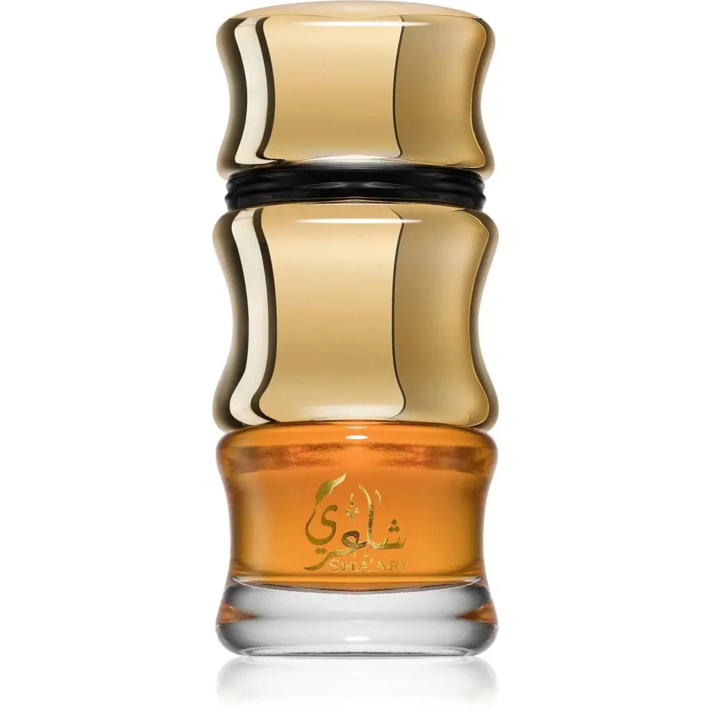 Luxe Lattafa Parfum Shaari in gouden amberfles met Dior-achtig ontwerp