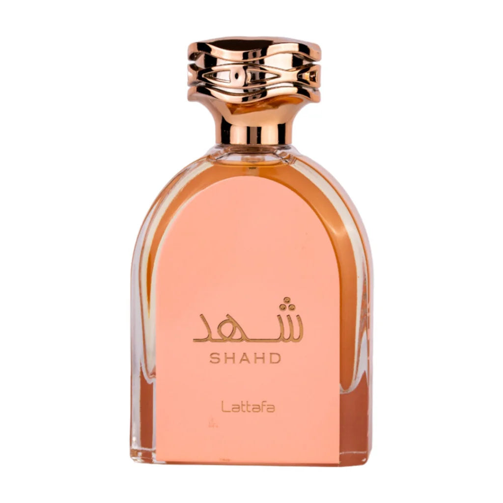 Roze gouden Lattafa Parfum Shahd fles met Arabisch schrift