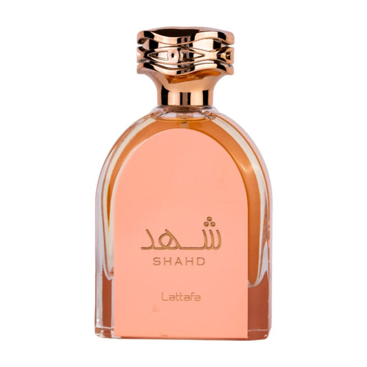 Roze gouden Lattafa Parfum Shahd fles met Arabisch schrift