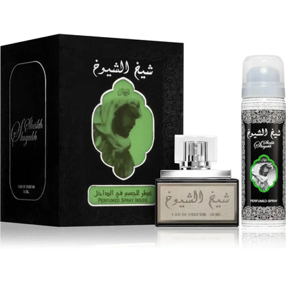 Lattafa Parfum Sheikh zilveren en zwarte fles met modern ontwerp