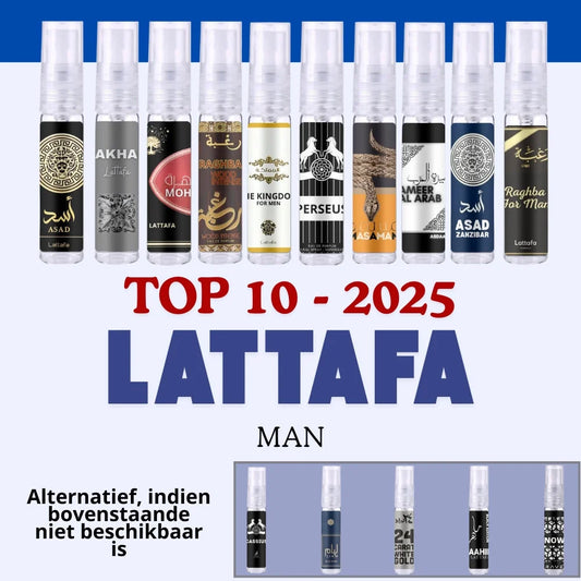 Lattafa Parfumflescollectie 2025 met Sample Set Top: kleurrijke flessen
