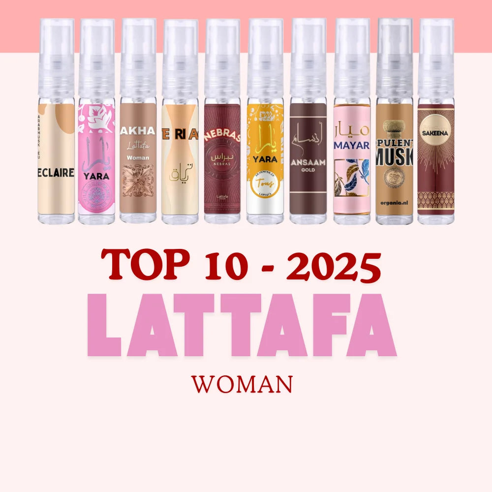 Lattafa sampleset met Arabische parfum en Yara Fakhar flessen