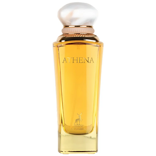 Hambra Athena parfumflesje met gouden vloeistof en parelachtige dop, perfect voor salepify app