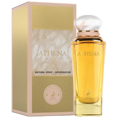 Hambra Athena parfumflesje met gouden vloeistof en parelachtige dop, perfect voor salepify app