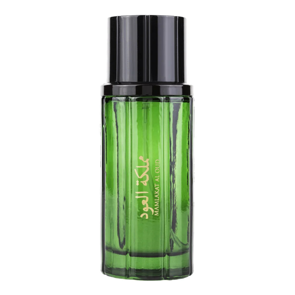 Groene Suroori parfumfles met zwarte dop en saffraan accents, elegant mamlakat design