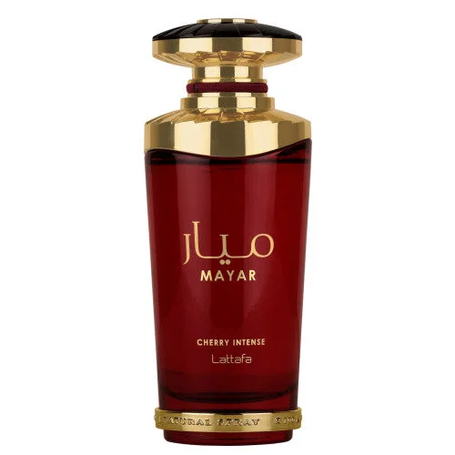Rood glazen parfumflesje met gouden dop voor Mayar Cherry Intense en Cherry Intense