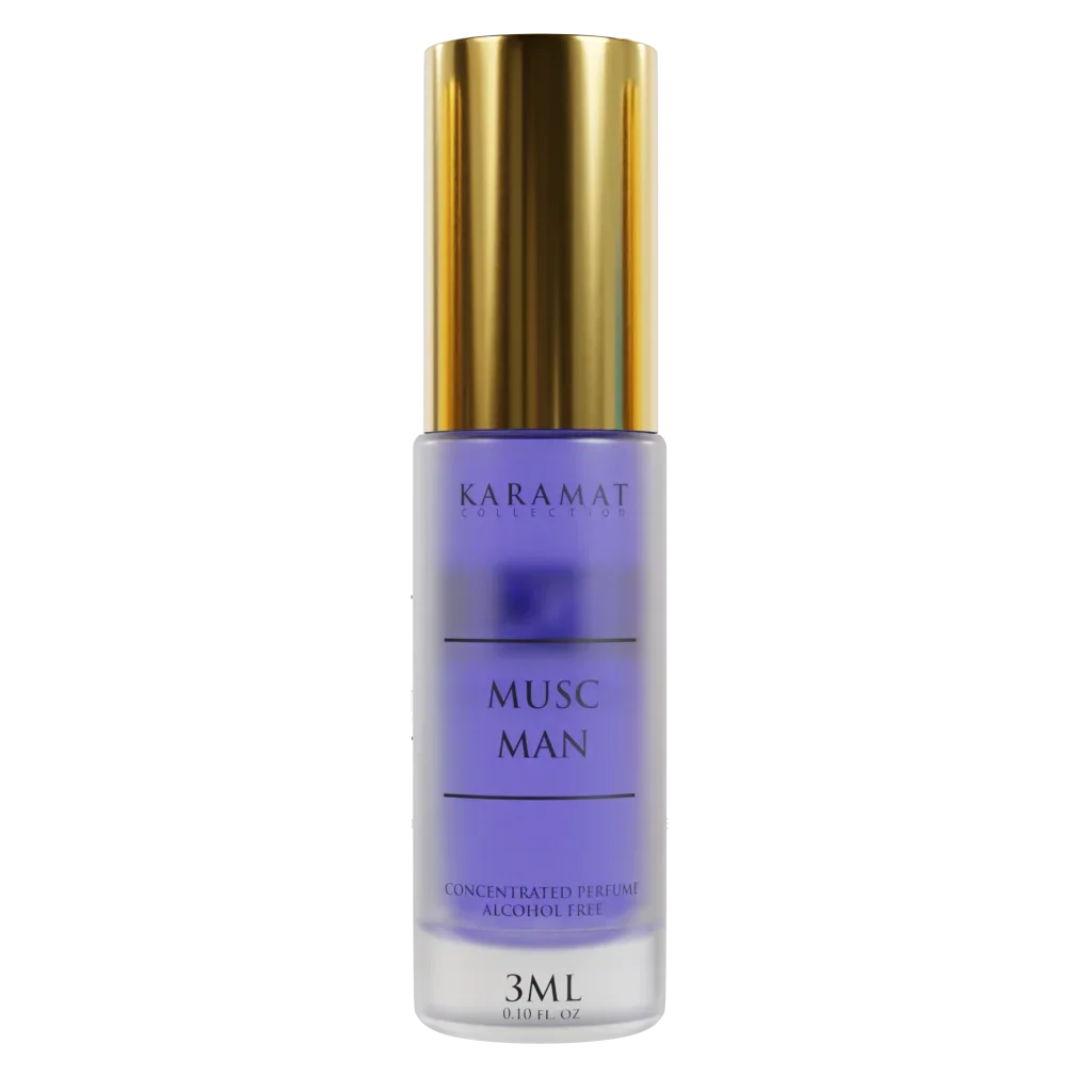 Lavendelparfumfles met gouden dop en etiket Karamat body html sort order