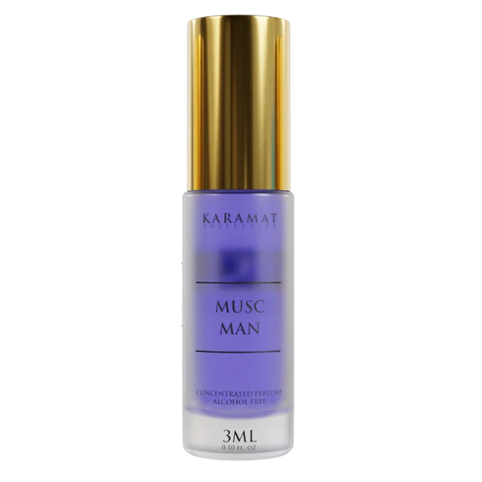 Lavendelparfumfles met gouden dop en etiket Karamat body html sort order