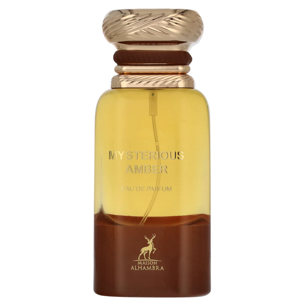 Amberkleurige parfumfles met gouden accenten voor Mysterious Amber Maison al Hambra