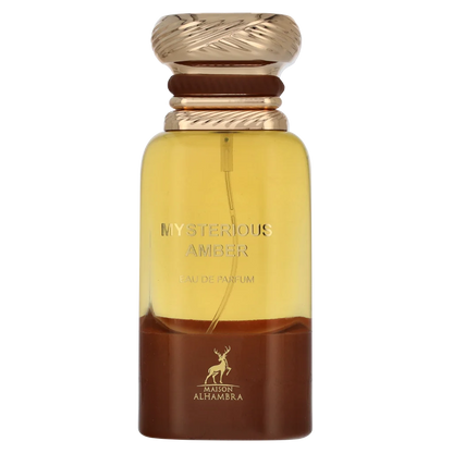 Amberkleurige parfumfles met gouden accenten voor Mysterious Amber Maison al Hambra