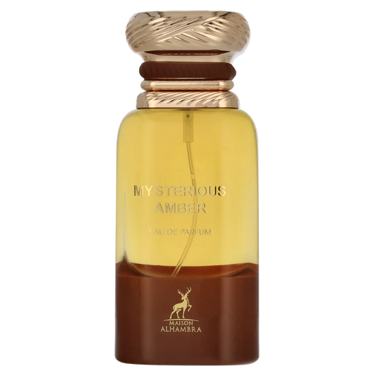 Amberkleurige parfumfles met gouden accenten voor Mysterious Amber Maison al Hambra