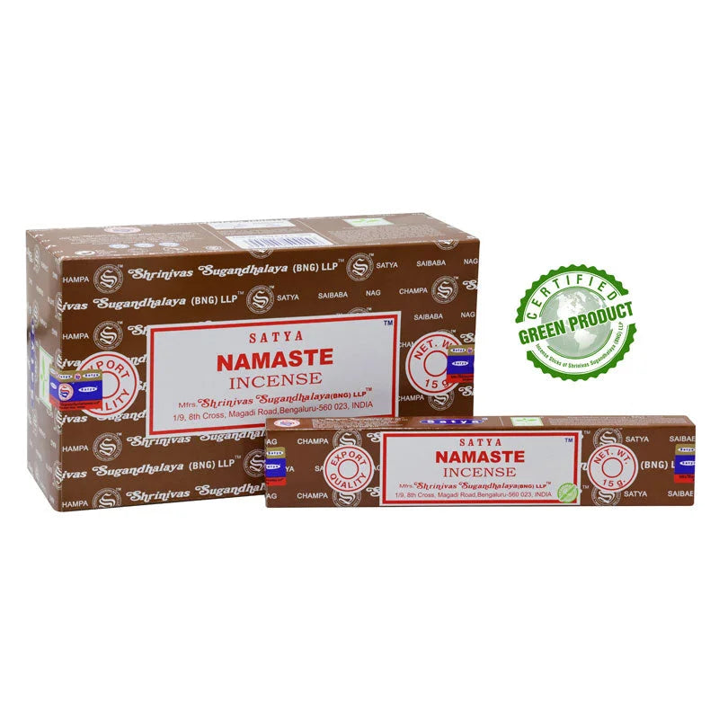 Bruine dozen Satya Namaste wierookstokjes voor rust en ontspanning, satya incense