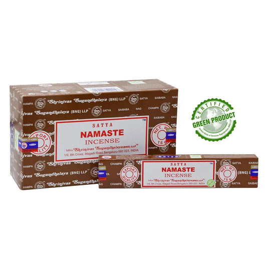 Bruine dozen Satya Namaste wierookstokjes voor rust en ontspanning, satya incense