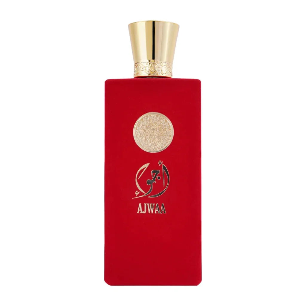 Red parfum fles met gouden accenten voor Nusuk Parfum Ajwaa Concentrated Parfum