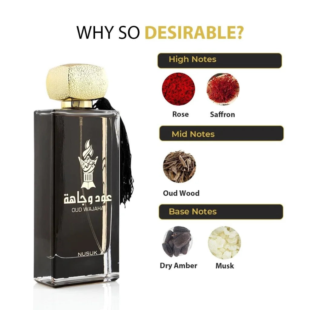 Zwarte glazen parfumfles met gouden dop en Oud Wajaha etiket