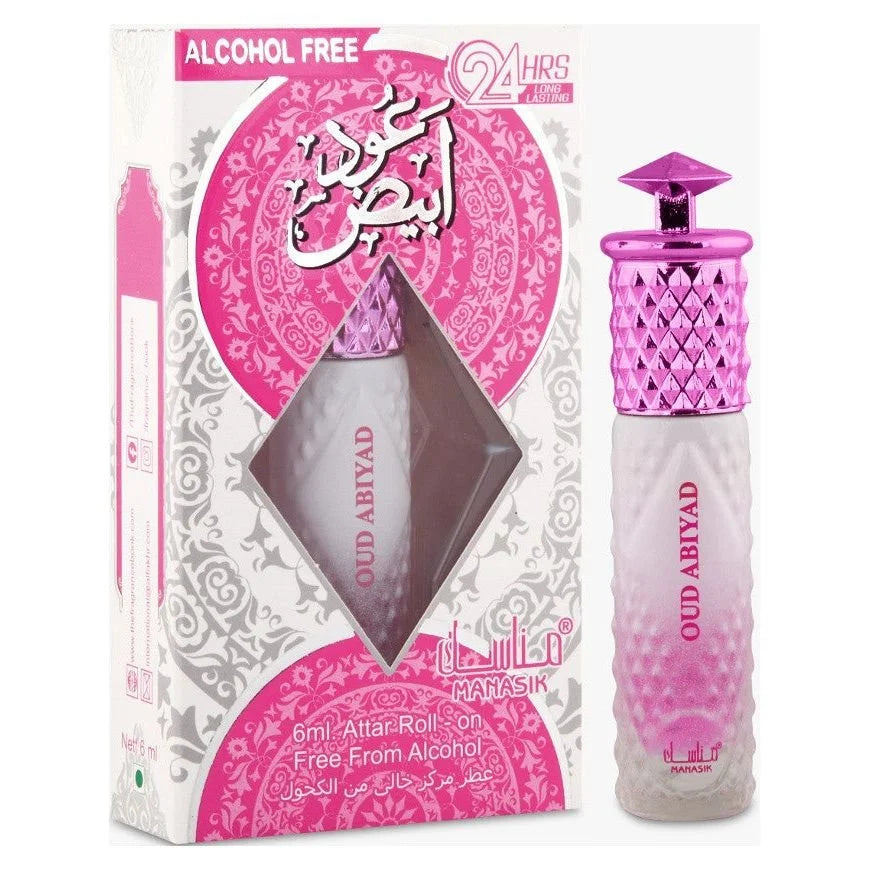 Pink en wit Oud Abiyad Arabische parfum set met parfumolie en roze facetdop