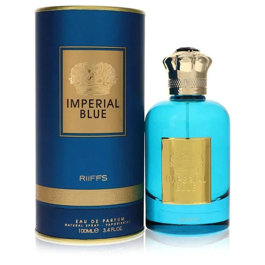 Blue parfumfles en container voor Teal Riffs Parfum Imperial Blue met gouden accenten