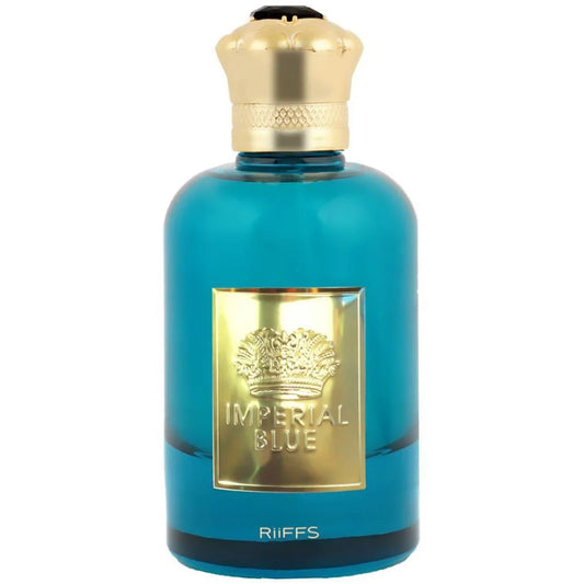 Teal Riffs Parfum Imperial Blue fles met gouden accenten voor een luxe geur