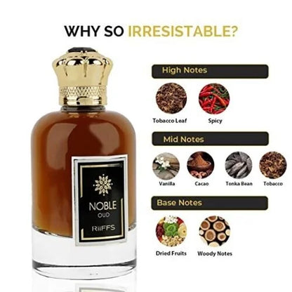 Noble Oud Riffs Parfum in oude fles met gouden dop en zwart etiket