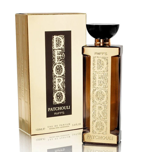 Gouden Patchouli parfumfles Riffs Parfum met zwarte dop en arabische accenten