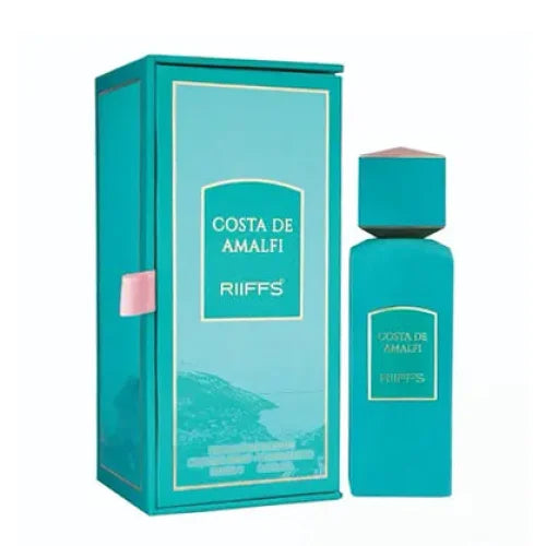 Turquoise parfumflesje en doos met musk geur, sillage en longevity, Riiffs Costa