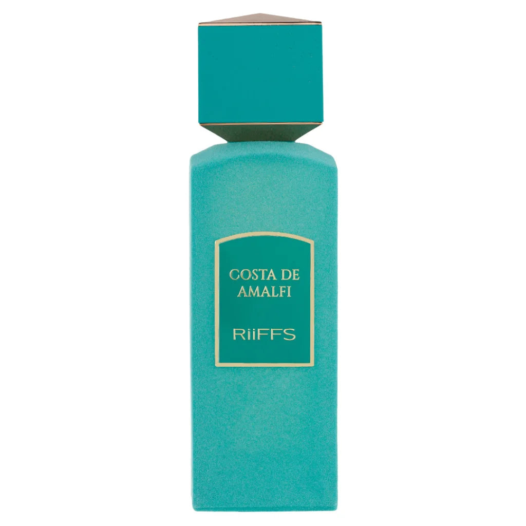 Turquoise parfumflesje met musk geur en royale sillage van Riiffs Costa