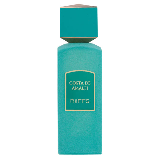 Turquoise parfumflesje met musk geur en royale sillage van Riiffs Costa