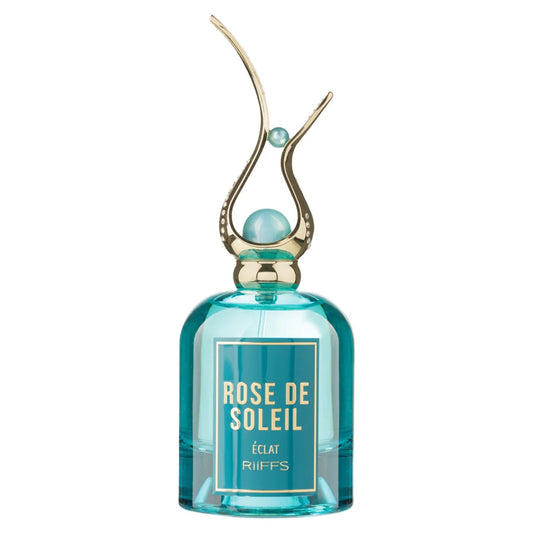 Turquoise parfumflesje met gouden accenten voor Riiffs Rose of Soleil Eclat, arabische parfum