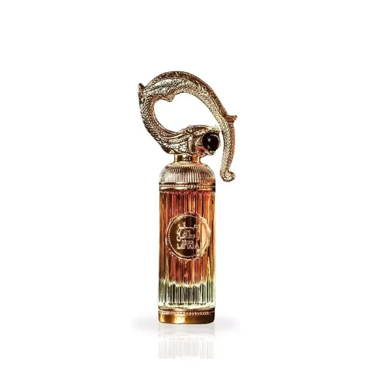 Elaborate Sehr Lattafa Arabische Parfumolie met gouden en bruine fles en draakdop