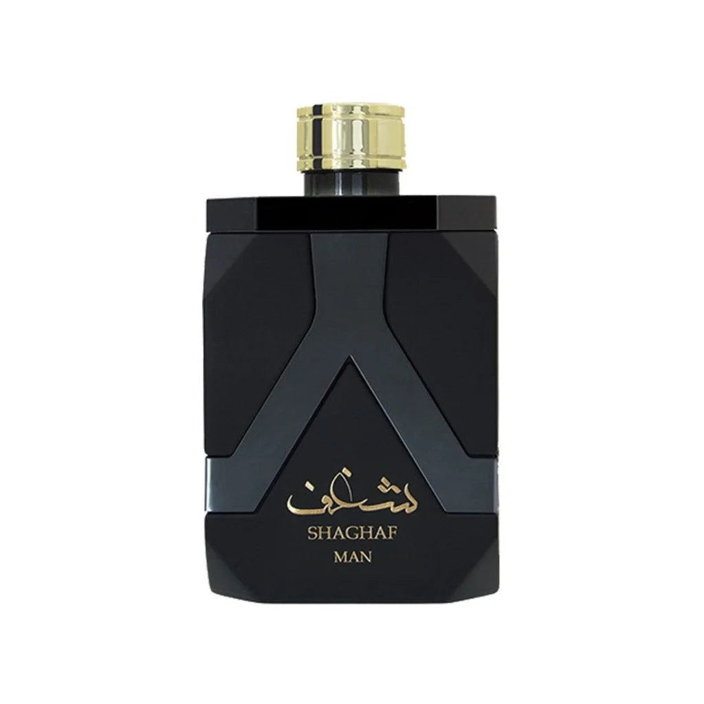 Zwarte en gouden Shaghaf Parfumspray fles met Arabisch schrift