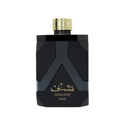 Zwarte en gouden Shaghaf Parfumspray fles met Arabisch schrift