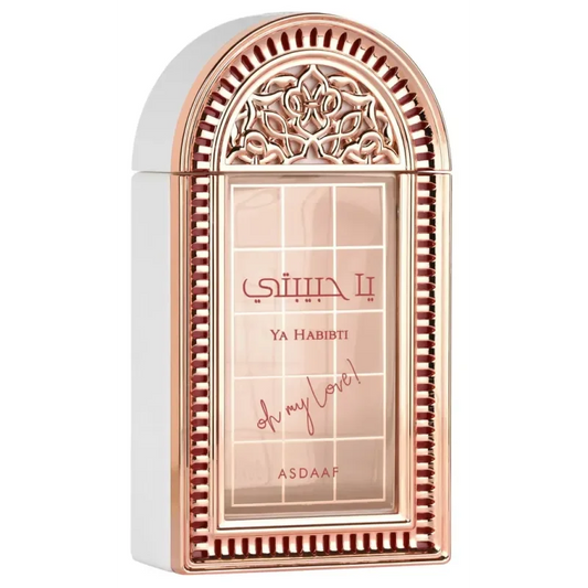 Ya Habibti rosegouden parfumfles met Asad Elixir bloemmotief en Oh My Love inscriptie